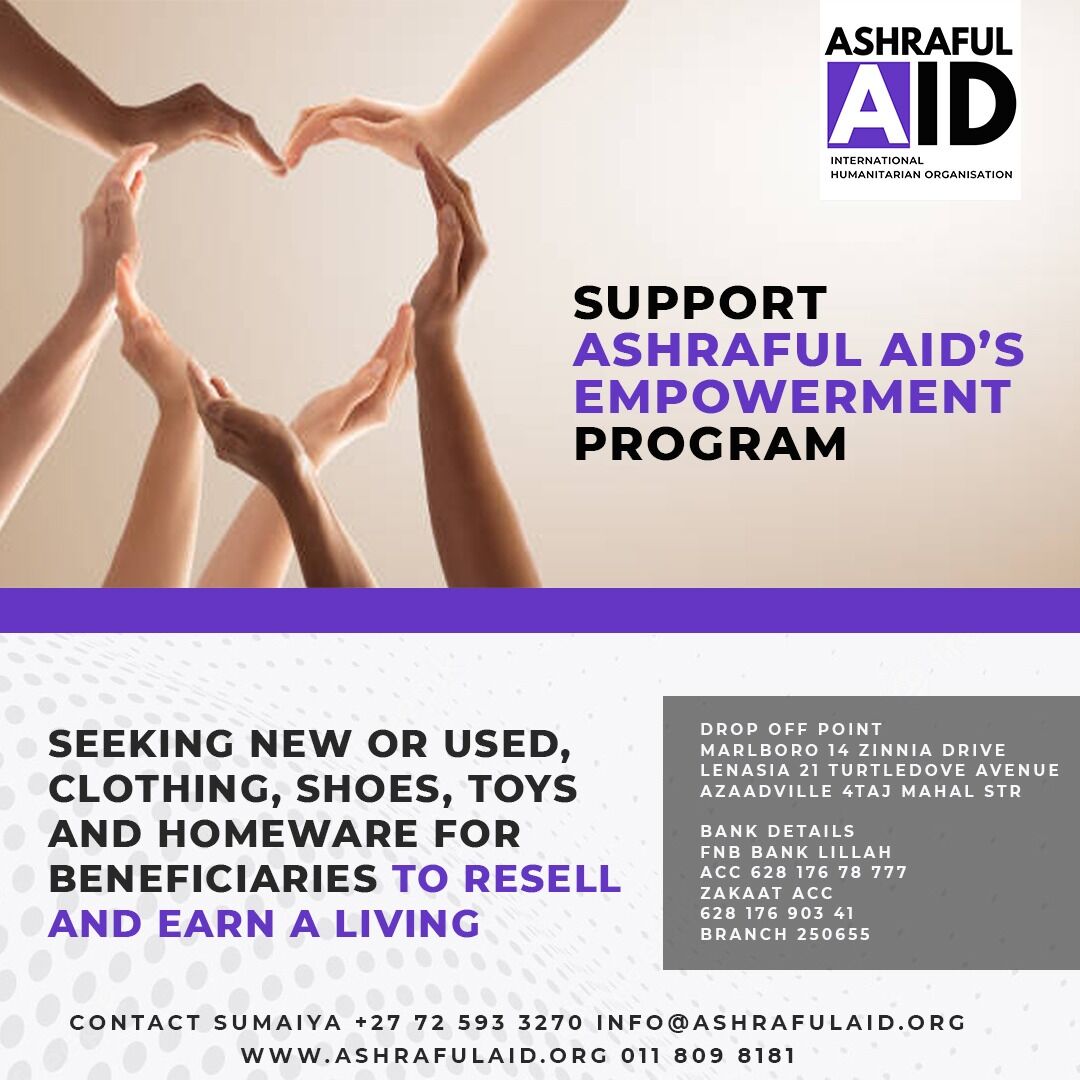 AidAshraful's tweet photo. Ashraful Aid's #Empowerment Program needs your support!

Donate used or new #Clothing, #Shoes, #Toys or #Homeware for unemployed beneficiaries to #Resell and earn a living.

Drop off points include:
1. #Marlboro: 14 Zinnia Drive
2. #Lenasia: 21 Turtledove Ave
3. #Azaadville: 4 Ta https://t.co/rnsDXLjpRA