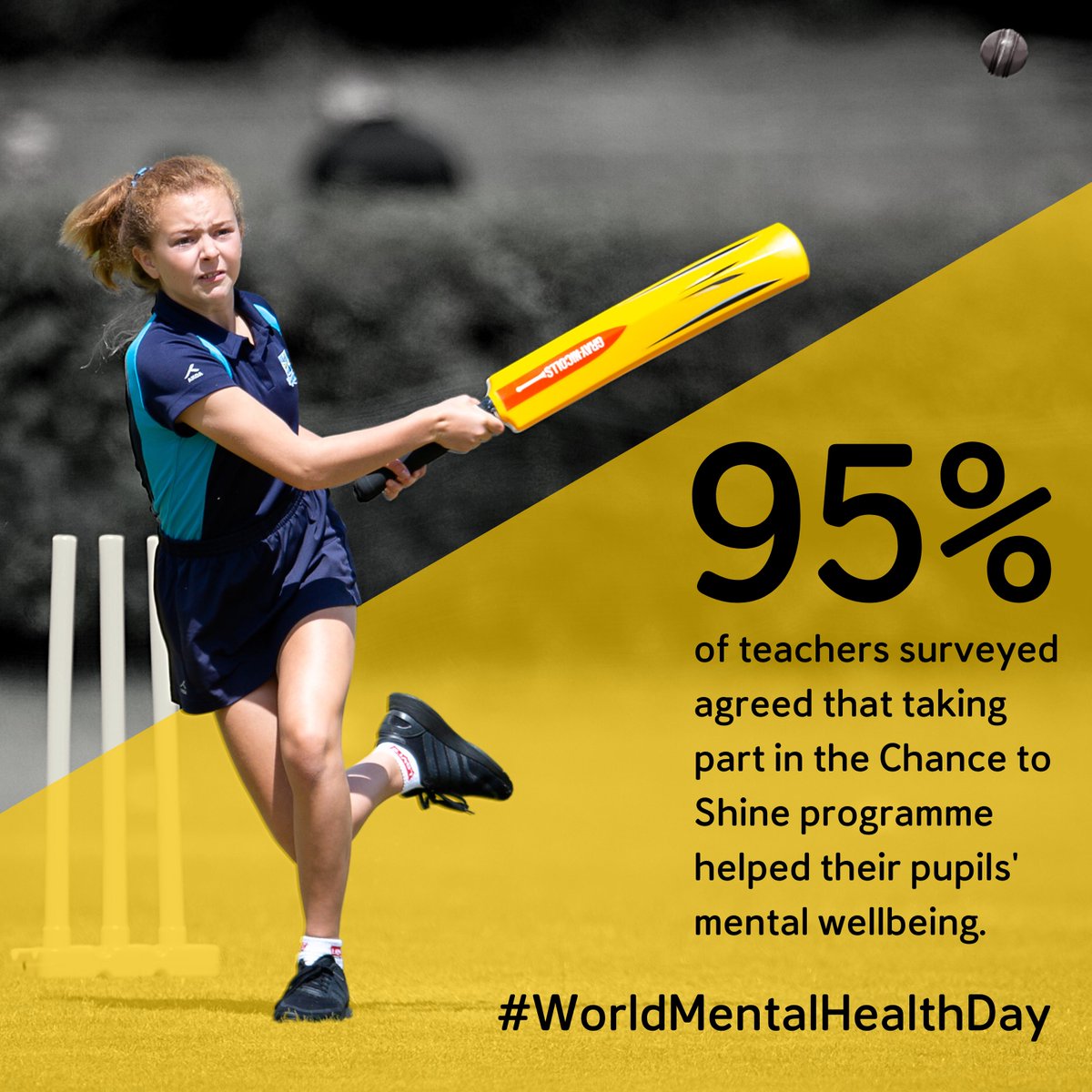 Chance2Shine's tweet photo. #MentalHealth is so important, and physical activity and participation in team sports are proven to help. When surveyed, 95% of teachers agreed that taking part in the Chance to Shine programme helped their pupils' mental wellbeing.🏏 🙌

#WorldMentalHealthDay https://t.co/0q7j7b6KVU