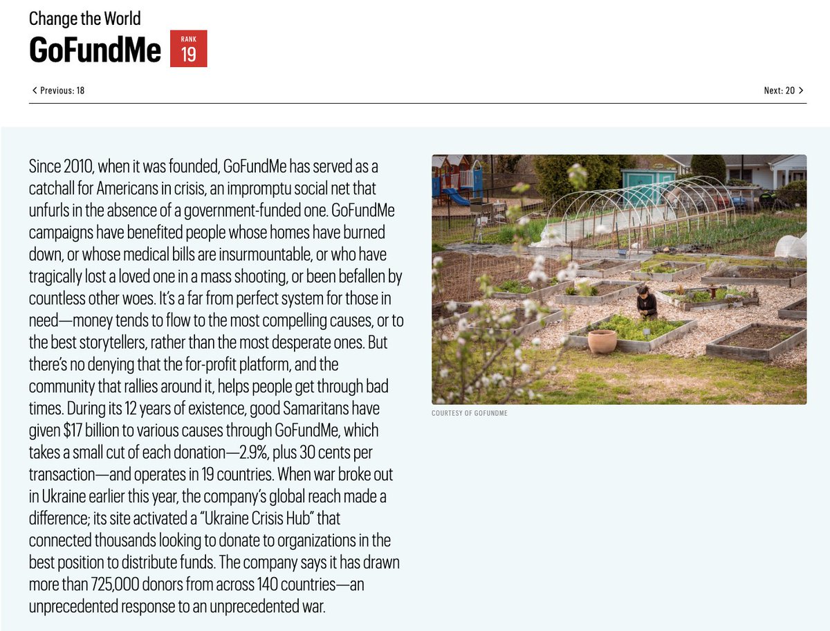 At GoFundMe, we’re guided by our mission of helping people help each other. 

We’re honored to see the impact of our work reflected in <a href="/FortuneMagazine/">FORTUNE</a>’s #ChangeTheWorld  List: gfme.co/ctw