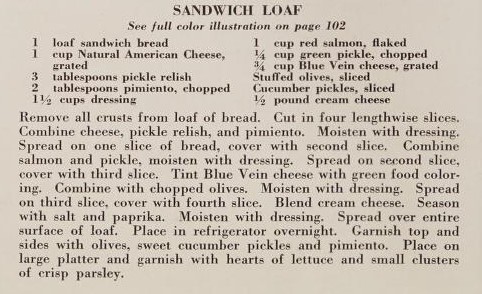You never know what you will find in a cookbook...

Oh the majestic sandwich loaf. It brings together salmon, pimiento, relish, cream cheese and so much more.
Favorite Recipes of North Carolina
go.unc.edu/loaf