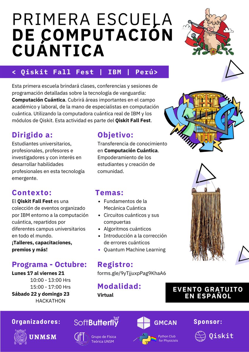 softbutterflyio's tweet photo. Nos complace presentarles la Primera Escuela de Computación Cuántica organizada por el Grupo de Información y Computación Cuántica de la UNMSM y Softbutterfy 👨‍💻👩‍💻.
🔗Formulario de Inscripción: https://t.co/3oyOuJJAIp
Más información en nuestra página: 
https://t.co/gTqkOR3RGZ https://t.co/MlLz00CfzU