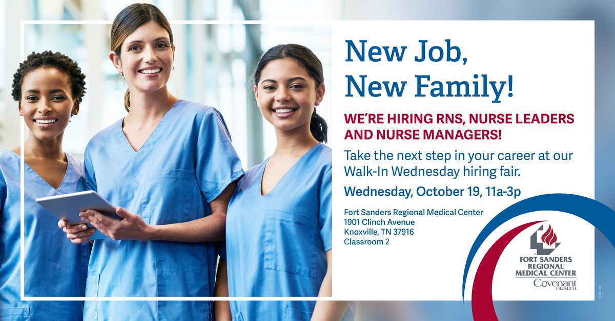 Calling all RNs, Nurse Leaders, and Nurse Managers! Fort Sanders Regional Medical Center is looking for you! Come join us on October 19th between 11am-3pm to explore all the great opportunities available with Fort Sanders Regional. RSVP today: bit.ly/3rFCz2p