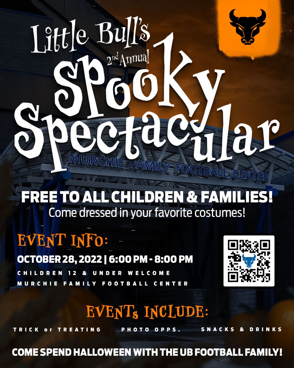 Come join the UB FOOTBALL FAMILY for the 2nd Annual Spooky Spectacular! This event is free for families and children 12 years old and under!

#UBhornsUP | #PoundTheRock