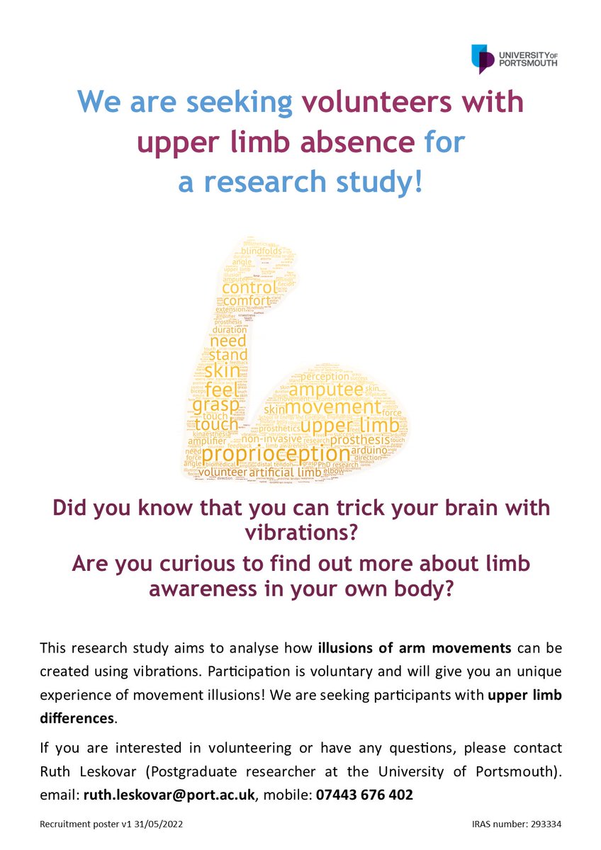 Do you have an upper limb difference? Are you interested to experience illusions of limb movements? Please get in touch and help me spread the word! 🦾
<a href="/ISPOUKMS/">ISPOUKMS</a> <a href="/portsmouthuni/">University of Portsmouth</a> <a href="/PHUresearch/">Portsmouth Hospitals Research</a> <a href="/PHU_NHS/">Portsmouth Hospitals University NHST</a> @RNOHnhs <a href="/UHD_NHS/">University Hospitals Dorset NHS Foundation Trust</a> <a href="/MFTnhs/">MFT NHS</a> <a href="/LimbPower/">LimbPower</a> <a href="/limblessassoc/">Limbless Association</a> <a href="/Blesma/">Blesma</a>