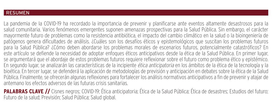 Jon Rueda Etxebarria (@ruetxe) on Twitter photo <a href="/FiloLab_UGR/">FiloLab | UGR</a> <a href="/ESPACyOS/">ESPACyOS</a> <a href="/RESaludPublica/">Revista Española Salud Pública</a> <a href="/BelenLiedo/">Belén Liedo</a> Un grato placer el haber contribuido a este magnífico monográfico de la <a href="/RESP/">RESP</a> con mi artículo
"COVID-19, cisnes negros y anticipación de desastres sanitarios: Problemas futuros y el futuro como problema en la ética de la Salud Pública"
researchgate.net/publication/36… <a href="/FiloLab_UGR/">FiloLab | UGR</a> <a href="/ESPACyOS/">ESPACyOS</a> <a href="/RESaludPublica/">Revista Española Salud Pública</a> <a href="/BelenLiedo/">Belén Liedo</a> Un grato placer el haber contribuido a este magnífico monográfico de la <a href="/RESP/">RESP</a> con mi artículo
"COVID-19, cisnes negros y anticipación de desastres sanitarios: Problemas futuros y el futuro como problema en la ética de la Salud Pública"
researchgate.net/publication/36…
