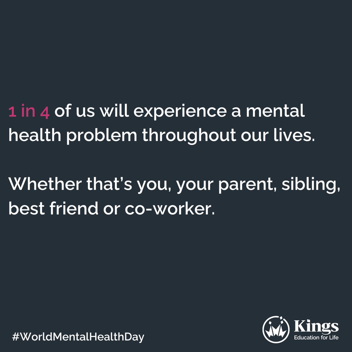 Kings_Education's tweet photo. Did you know that 1 in 4 of us will experience a mental health problem throughout our lives?

If you are a student studying with us and need more information and support please visit our website: https://t.co/XbL064zJym #WorldMentalHealthDay2022 https://t.co/qIAhp3SPzj