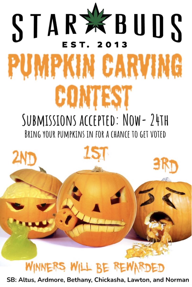 Star_Buds_OK's tweet photo. Star Buds is having a Pumpkin Carving Contest! Bring in your carved pumpkin NOW - Oct 24th and let the voting begin! All patients can vote on others pumpkin carving skills! The top 3 with the most votes will be the winners and they will be rewarded 🙌🏆🔥
https://t.co/fE6xkOvhpI https://t.co/urDwaY8o8L