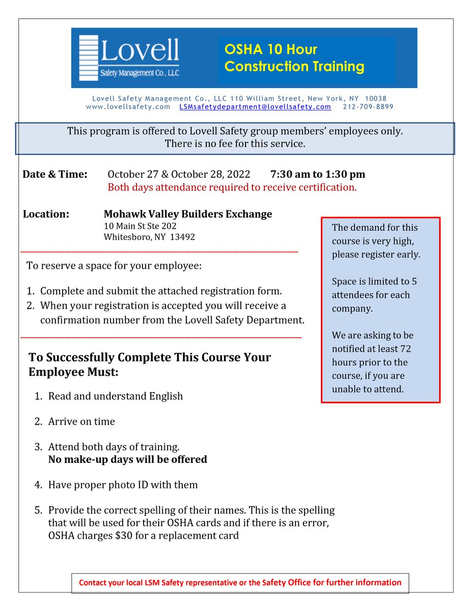Lovell_Safety's tweet image. We&apos;ve rescheduled the #OSHA 10 HR #CONSTRUCTIONCOURSE at the Mohawk Valley Builders Exchange to October 27 &amp;amp; October 28, 2022 7:30AM-1:30PM!

This course is only open to Lovell clients.
*Pre-registration is required. Send completed form to: LSMSafetyDepartment@LovellSafety.com