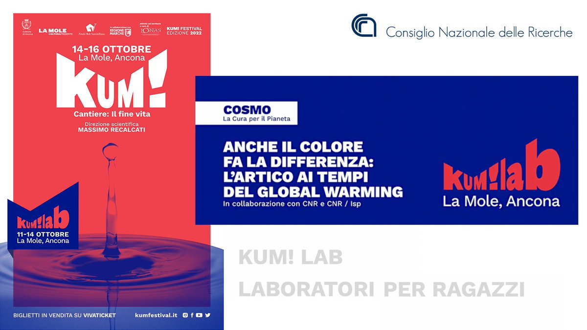 📌11-14 ottobre | #Ancona ! #KUM <a href="/KumFestival/">KUM! Festival</a> 
Anche il colore fa la differenza: l'#Artico ai tempi del #GlobalWarming 
Per i #KUMlab, laboratori per ragazzi, nella sezione "Cosmo-Cura del Pianeta" sono coinvolti <a href="/cnrisp/">CNR ISP</a> e #CnrComunicazione.
Scopri di più cnr.it/it/evento/18205