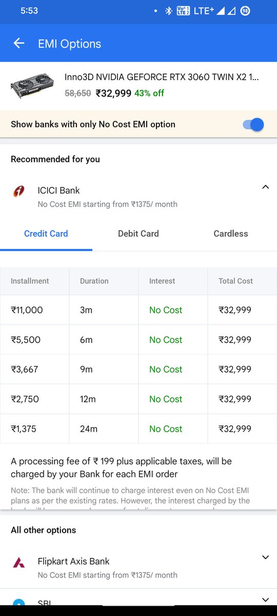 Rukkesh3's tweet photo. Ordered a GPU for 27249 (without no cost emi interest discount) from @Flipkart. But got charged interest by bank. My original should have been less but @flipkartsupport saying that you selected no cost emi but there will be interest. The below images are example of my problem. https://t.co/AtTJ2uQT4K