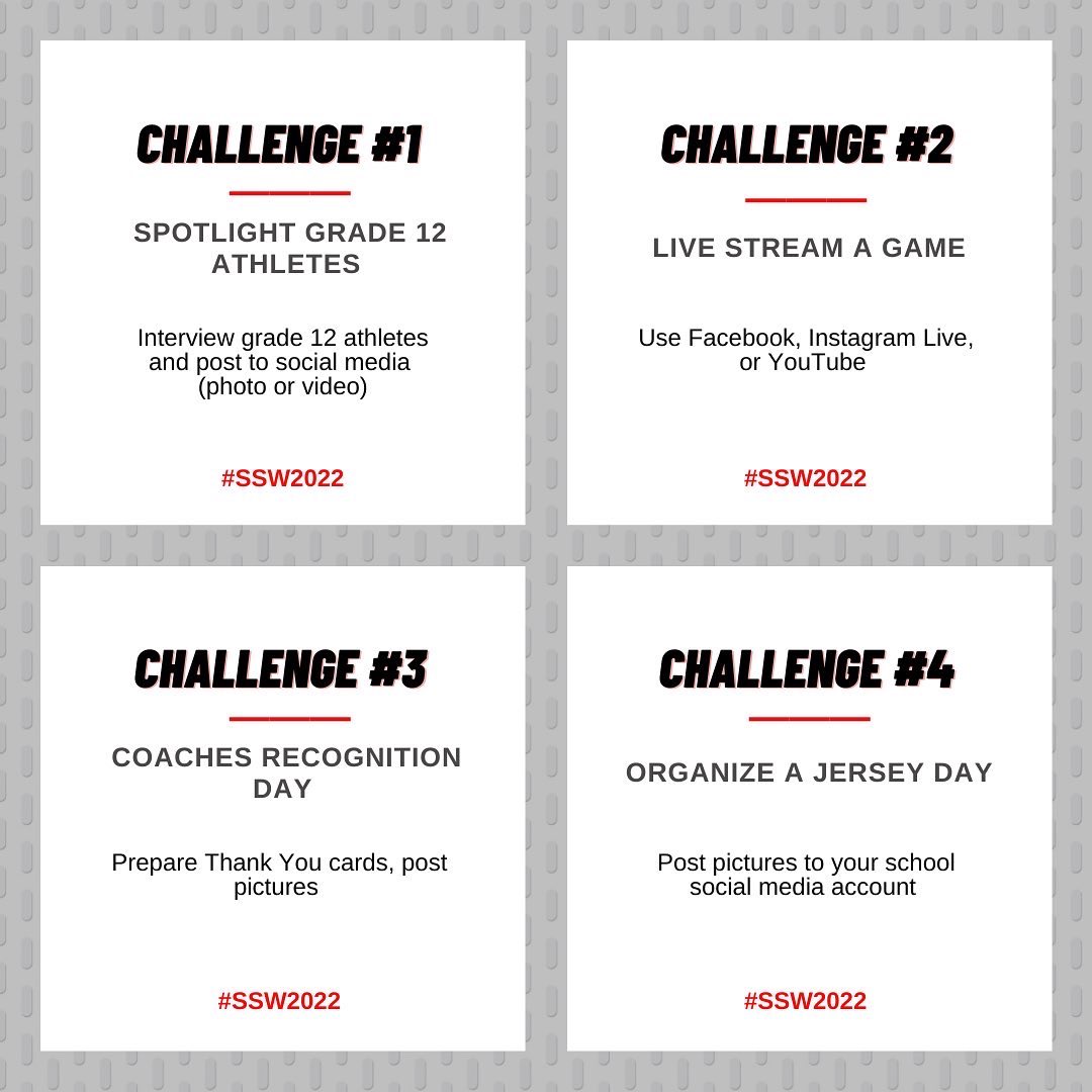 October 9 - 15, 2022 has been proclaimed School Sport Week by the Minister of Education. Take on a SSW challenge or complete all 4! #SSW2022