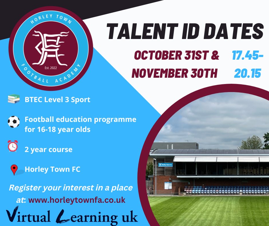 HorleyTownFA's tweet photo. 🚨 In Year 11⁉️
⚽️ Passion for football and sport❓
👀 Interested in a career in sport❓

To attend a Talent ID day register your interest: https://t.co/q8cvFZTWy1
#FootballEducation #HTFA #VLUK https://t.co/MrnmPbVWto