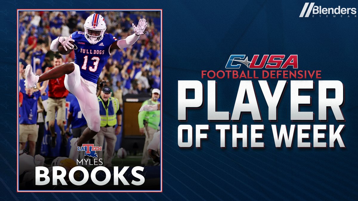 🏈 𝗣𝗹𝗮𝘆𝗲𝗿 𝗼𝗳 𝘁𝗵𝗲 𝗪𝗲𝗲𝗸 🏈 @LATechFB’s Myles Brooks (@myles_brooks10) is the #CUSAFB Defensive Player of the Week presented by @BlendersEyewear! 🏅1️⃣ | bit.ly/3EDUpdw