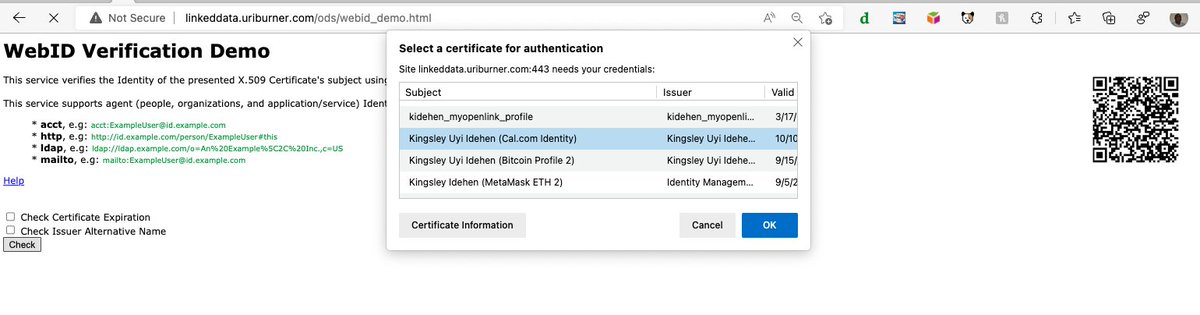 kidehen's tweet photo. Latest #LinkInBio discovery:
@oplyouid successfully used my @calcom profile page (https://t.co/AZ3nJynEDg) as the public credentials source for self-sovereign #Identity #Authenticity using #NetIDTLS.
Proof.
https://t.co/3KNEUGwPCS
#SSI #PKI #DPKI #TLS #ZeroTrust #Web30 #X509 https://t.co/DdCNKyyMrE