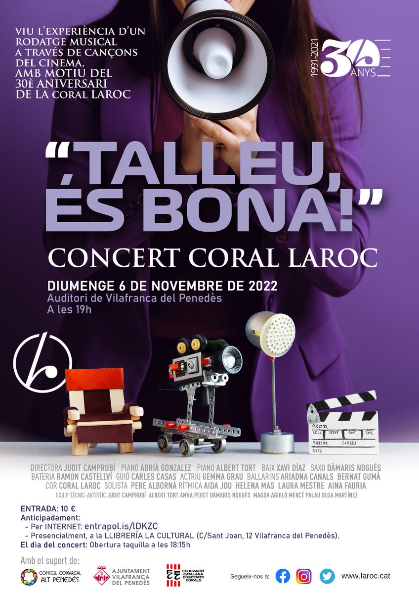 🗓️ Diumenge 6 de Novembre a les 19:00h a l'Auditori de Vilafranca Concert "Talleu és bona“ amb el que celebrarem el nostre 30è aniversari.

Reserva't el dia i no te'l perdis‼️