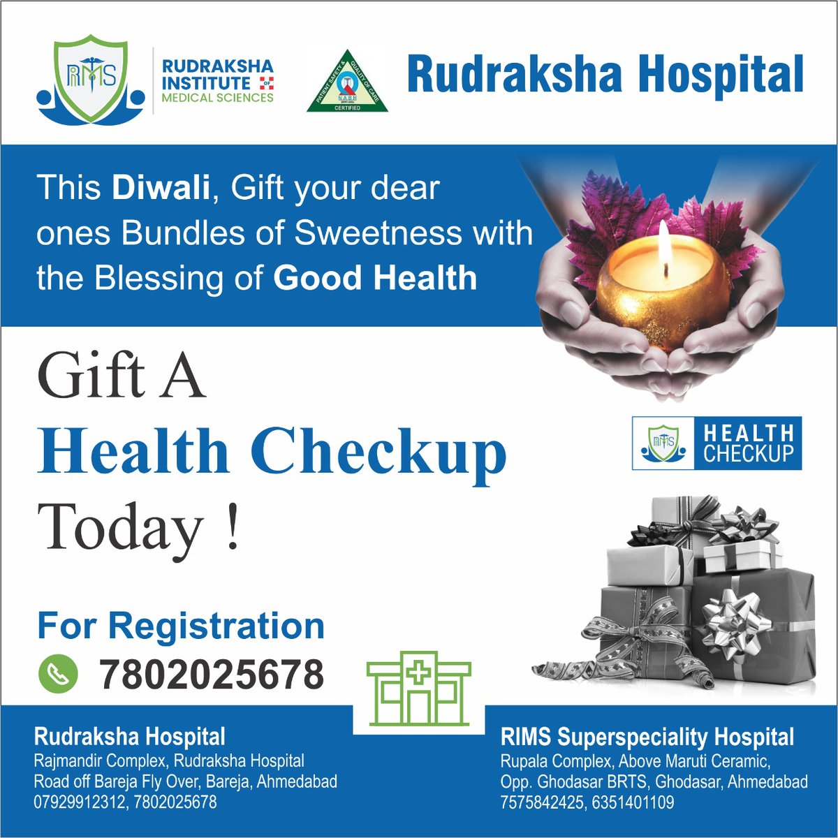 drvpchavda's tweet photo. Surprise your Family Members with a small healthy gift. Be innovative; give preventive health checkup and full body check up as a Diwali gift option to your family.

#diwali 
#festiveseason #preventivehealthcheckup #rudrakshahospital #multispecialityhospita 
#hospitalnearyou https://t.co/oe1ZArJANX