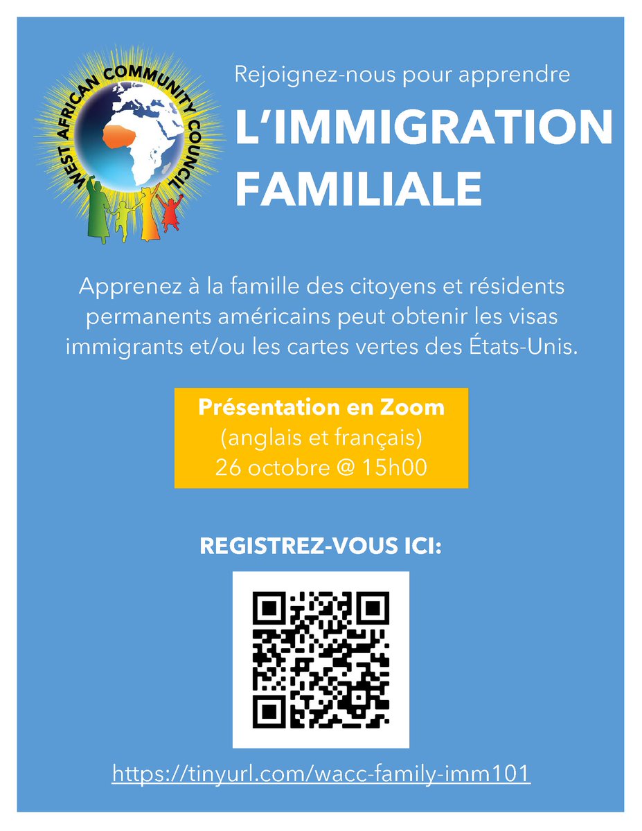 Join us on Wednesday October 26th to learn about family-based immigration. We will be holding a zoom presentation in English and French. Please see the flyer for additional details and scan the QR code to register.