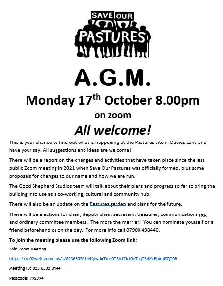 SaveOurPastures (@saveourpastures) on Twitter photo The Save Our Pastures AGM is on Mon 17 Oct, 8pm, on Zoom. A chance to find out all that's been happening plus exciting plans for this iconic site. Meeting info is on the poster. <a href="/CannHallCan/">CannHallCan</a> <a href="/CannHallCllr/">Cann Hall Councillor</a> <a href="/Leytonstoner/">Leytonstoner</a> <a href="/loves_local/">Leytonstone Loves Local</a> <a href="/WFEcho/">Waltham Forest Echo</a> <a href="/wfcouncil/">Waltham Forest Council</a> The Save Our Pastures AGM is on Mon 17 Oct, 8pm, on Zoom. A chance to find out all that's been happening plus exciting plans for this iconic site. Meeting info is on the poster. <a href="/CannHallCan/">CannHallCan</a> <a href="/CannHallCllr/">Cann Hall Councillor</a> <a href="/Leytonstoner/">Leytonstoner</a> <a href="/loves_local/">Leytonstone Loves Local</a> <a href="/WFEcho/">Waltham Forest Echo</a> <a href="/wfcouncil/">Waltham Forest Council</a>
