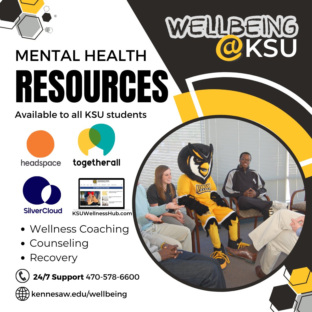 WellbeingatKSU's tweet photo. Did you know that KSU Owls have access to lots of great Mental Health resources? This #WorldMentalHeathDay, take a moment to find which aid works best for you. From Headspace to 24/7 counseling. #FindYourSupport at @kennesawstate 
https://t.co/d9qbhr8nxP https://t.co/s52CGyvORP