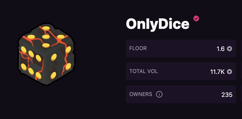 OnlyDice is now officially badged on <a href="/MagicEden/">Magic Eden 🪄</a> ✅

“The badge signals a collection’s being authentic, significant, and in good standing”

v2 is soon, probably nothing🎲