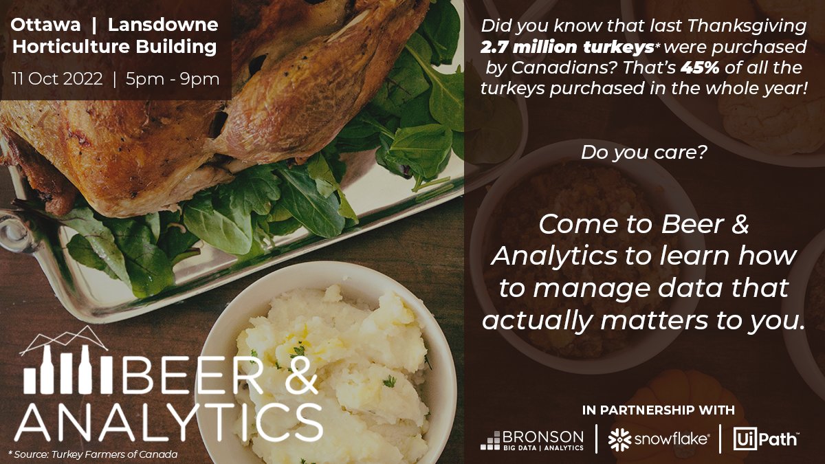 BronsonGroup's tweet photo. Join us at the Lansdowne Horticulture Building tomorrow at 5pm to close off your Thanksgiving weekend at Beer & Analytics!
B&A tickets: https://t.co/HS27e69bGo
Speaker lineup and bios: https://t.co/boCEQZm9Mn
#beerandanalytics #gcdigital #ottawaevents #snowflake #uipath https://t.co/Fma3c7pZMY