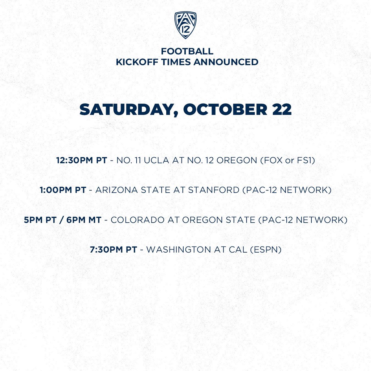 pac12's tweet photo. #Pac12FB kickoff times and networks announced for October 22. โคต๏ธ https://t.co/dSOpfp02xw