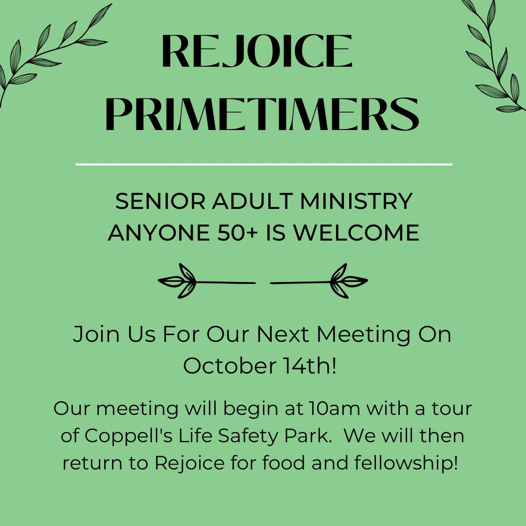 rejoicecoppell's tweet photo. Rejoice Primetimers meet THIS FRIDAY!
We can’t wait to see everyone there for a fun morning & afternoon of food and fellowship!
•
#rejoicelife #rejoicecoppell #senioradultministry #coopellseniors #coppelltx #churchesincoppell #primetimers #rejoicelutheran #lutheranchurch #elca https://t.co/nXTINoOuuF
