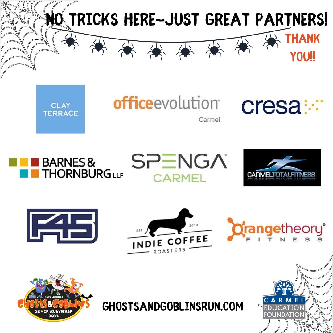 CarmelEdFdn's tweet photo. Thank you to our TRICK sponsors.  We appreciate your support!
@ClayTerraceMall Office Evolution @CresaCorp @BTLawNews @carmeltotalfit @F45Training @spengacarmel @indiecoffeeRSTR  @orangetheory https://t.co/zhvKfmHRNv