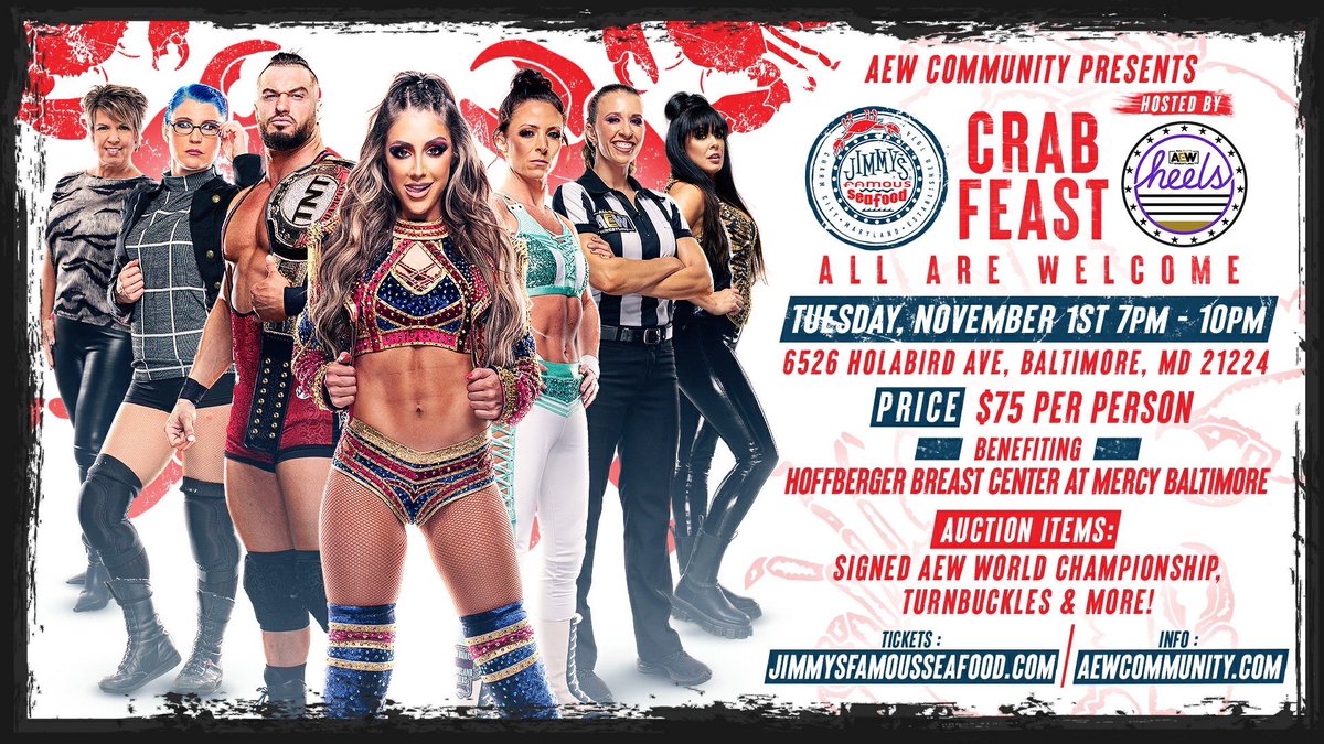 AEW Heels (@aew_heels) on Twitter photo The <a href="/AEW/">All Elite Wrestling</a>Community partners w/ <a href="/JimmysSeafood/">Jimmy’s Famous Seafood</a> for Crab Feast 11/1 from 7-10pm benefiting Hoffberger Breast Cancer Ctr @ Mercy MD hosted by AEW Heels! Meet @AEW Stars, bid on auction items, & more, on the last day for food for a great cause! $75 per 🎟 jimmysfamousseafood.com/product/aew-x-… The <a href="/AEW/">All Elite Wrestling</a>Community partners w/ <a href="/JimmysSeafood/">Jimmy’s Famous Seafood</a> for Crab Feast 11/1 from 7-10pm benefiting Hoffberger Breast Cancer Ctr @ Mercy MD hosted by AEW Heels! Meet @AEW Stars, bid on auction items, & more, on the last day for food for a great cause! $75 per 🎟 jimmysfamousseafood.com/product/aew-x-…