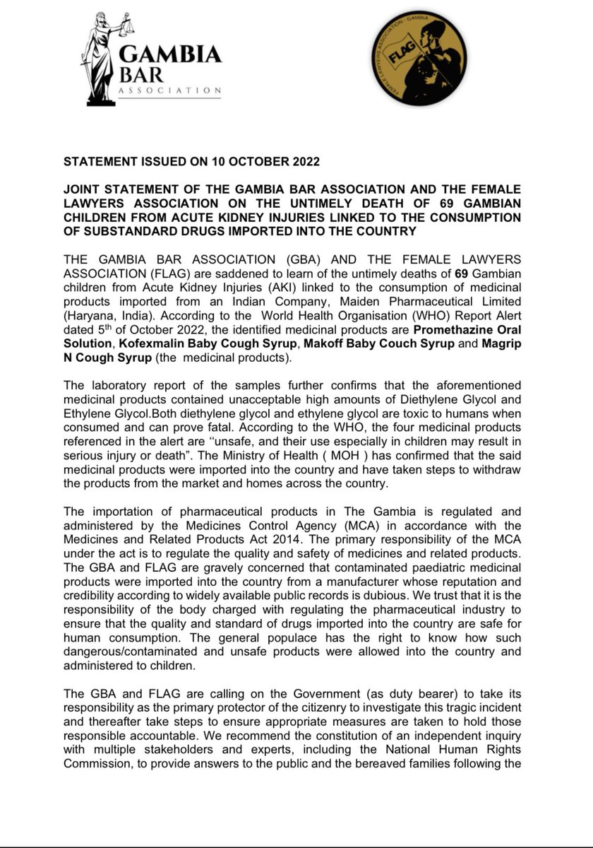FLAGambia's tweet photo. We urge @Gambia_MOJ to ensure justice for the victims through the pursuit of legal action against the persons/institutions responsible for the importation of the substandard medicines which allegedly caused the deaths of over 60 children #FLAGambia https://t.co/bu9rux1i7X