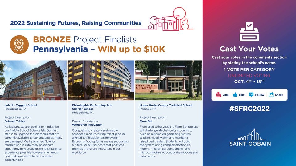 Pennridge School District (@pennridgesd) on Twitter photo <a href="/UpperBucksTech/">UB Tech School</a> mechatronics lab called a Farm-Bot has been chosen as a Bronze finalist by <a href="/saintgobain/">Saint-Gobain</a> Winner decided by using link below. Write a 'comment' under the picture using the words; "Upper Bucks Tech Farm-Bot." - that is your vote! RT
facebook.com/saintgobainNA/… <a href="/UpperBucksTech/">UB Tech School</a> mechatronics lab called a Farm-Bot has been chosen as a Bronze finalist by <a href="/saintgobain/">Saint-Gobain</a> Winner decided by using link below. Write a 'comment' under the picture using the words; "Upper Bucks Tech Farm-Bot." - that is your vote! RT
facebook.com/saintgobainNA/…