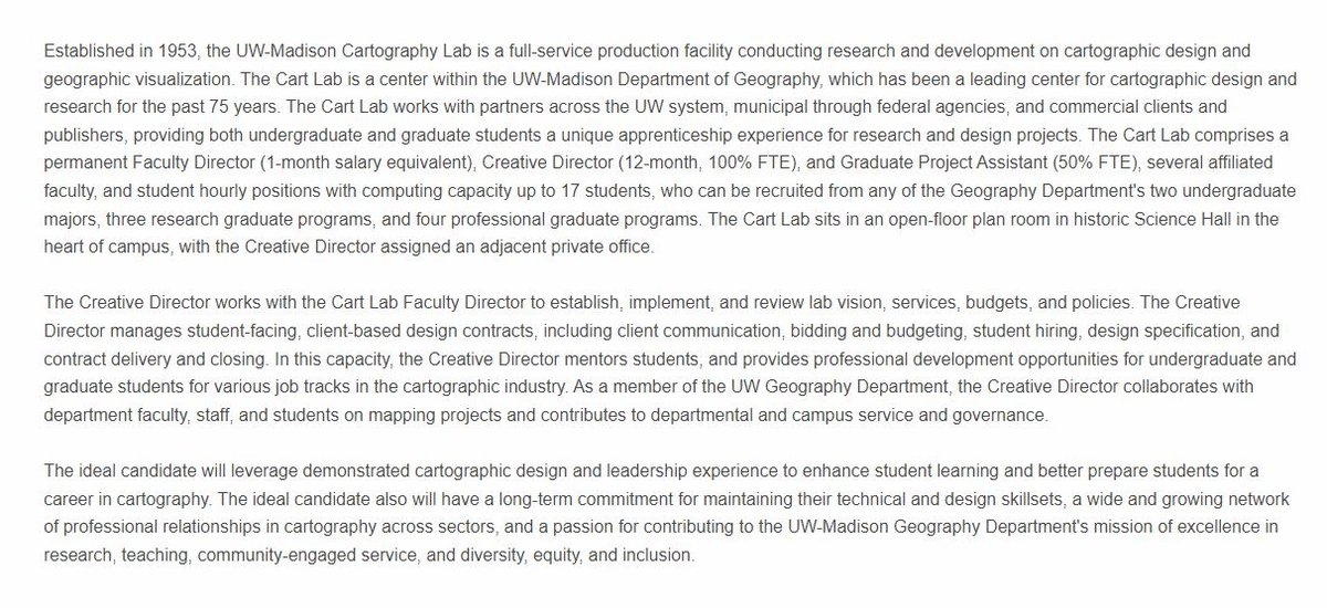 The @UWMadisonGeog Dept is hiring a Creative Director for the @UWCartLab! Come work w/ an incredible team of students, staff, & faculty! First consideration for applications is Nov 7 (one month!). Details at jobs.hr.wisc.edu/en-us/job/5156… @NACIS @cartographyGIS @UCGIScience @icawebsite