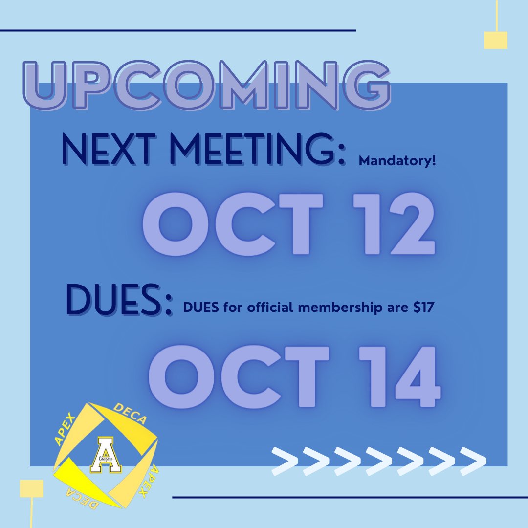 Apex_DECA's tweet photo. Two very important things come up! First, we have a Mandatory Meeting October 12th after school in the media center. Second, to become an official member of DECA be sure to pay your $17 dues. These are due on October 14th. Check the Google Classroom for info. https://t.co/32bpb5jBti