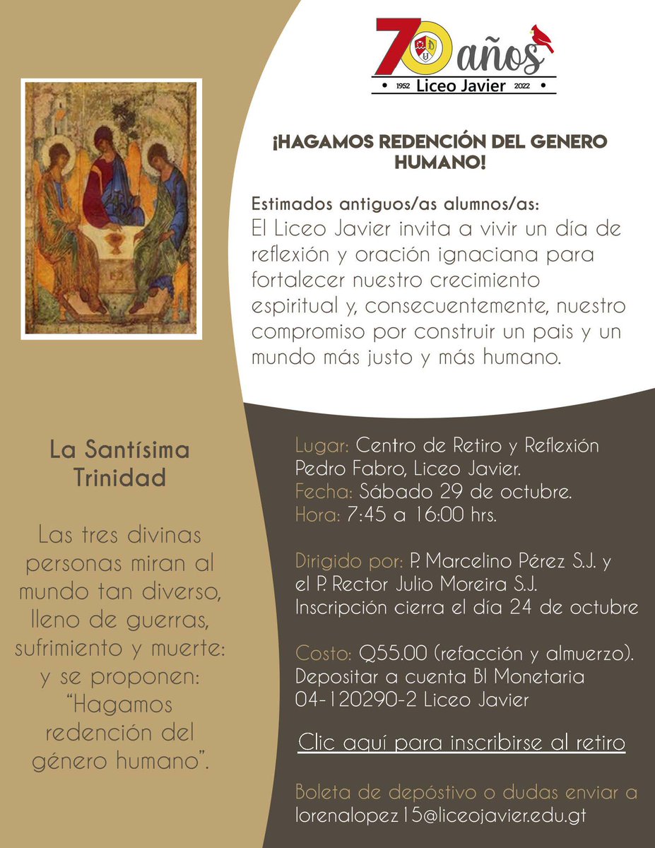 El 29 de octubre, habrá retiro espiritual dirigido a exalumnos. Estamos promoviendo por medio de delegados de promoción, favor compartir en sus grupos. La inscripción se cierra el 24 de Octubre por lo que hay que promoverlo. Link de Registro: acortar.link/S90nJW