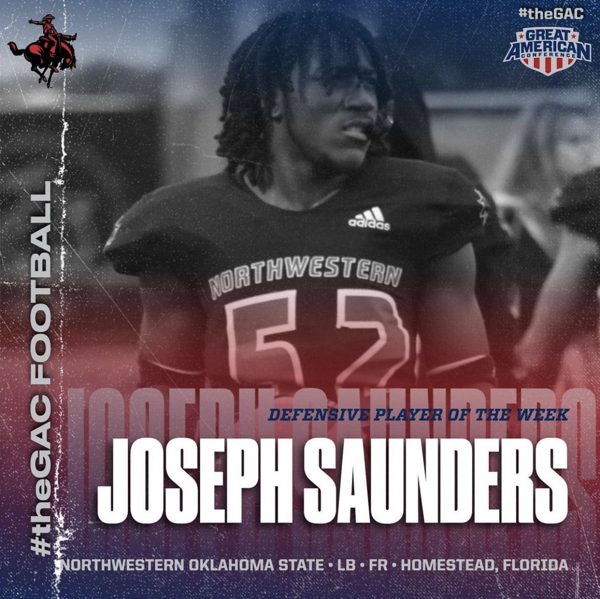 nwosufootball's tweet photo. #Repost • Congrats to Joe Saunders for earning Def. Player of the Week from the #GreatAmericanConference‼️#RRR https://t.co/f1JhAXZgOo