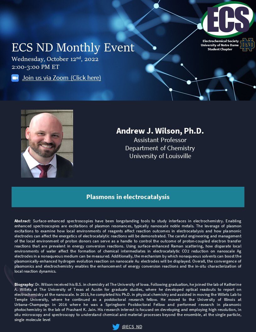 The Electrochemical Society-University of Notre Dame Student Chapter will be hosting Dr. Andrew Wilson for our monthly event via Zoom. Please see attached flyer for more details. google.com/url?q=https://…