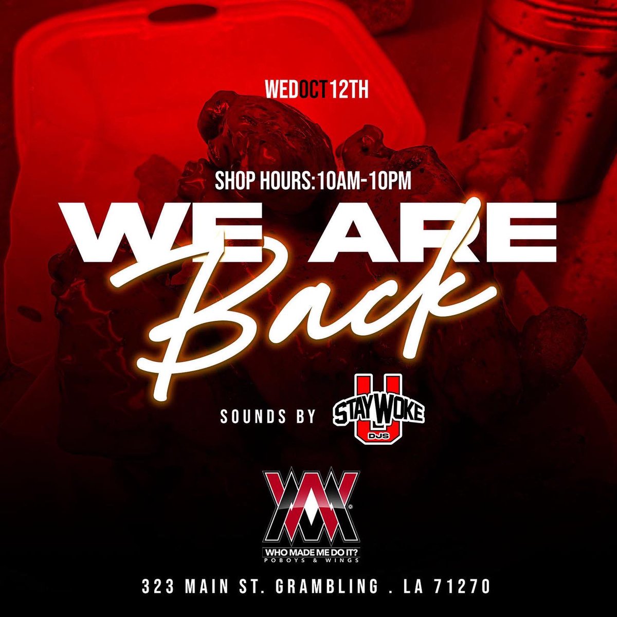 Fiji_Mcdowell's tweet photo. BEST WINGS IN TOWN‼️
@WhoMadeMeDoIt1 is BACK

323 Main St. Grambling,LA

This Wednesday 
10am-10pm 
#WhoMadeMeDoIt 
#GramFam https://t.co/tl0Km2TEE4