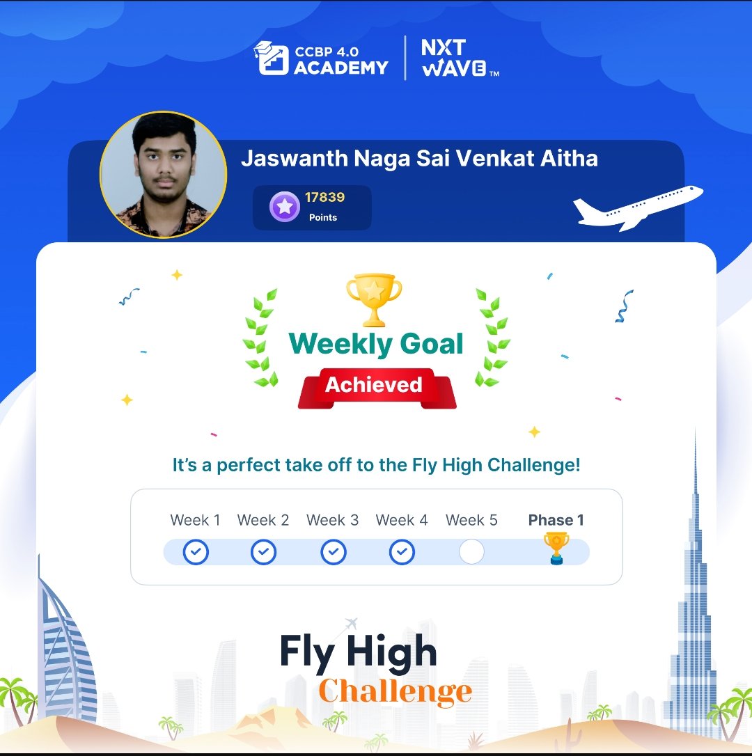 jaswanth_aitha's tweet image. 4 weeks achieved and 1 more week to go for finishing Phase 1 and excited for 4.0 Tribe. @nxtwave_tech #FlyHighChallenge