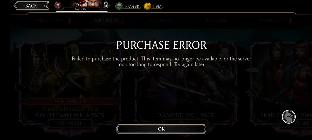 RealStealBC's tweet photo. I don't believe it. After 6 months they didn't fix this. Before 6 months I had the same message.
#MKmobile #Cactuspack #WBgamessupport https://t.co/iHU92NbbMj