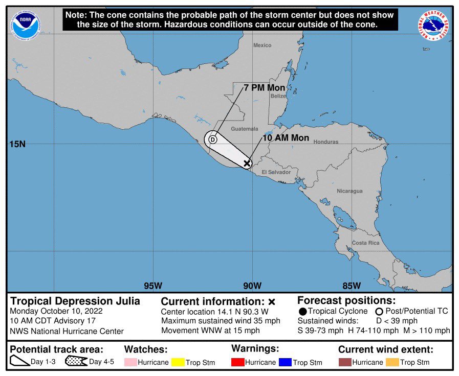 El Ministerio de <a href="/MedioAmbienteSV/">Ministerio de Medio Ambiente</a> informó que la #TormentaTropicalJulia ha sido degradada a Depresión Tropical, su centro se ubica al sureste de Guatemala. Se mantienen lluvias, chubascos y tormentas con acumulados en todo el país para este día.