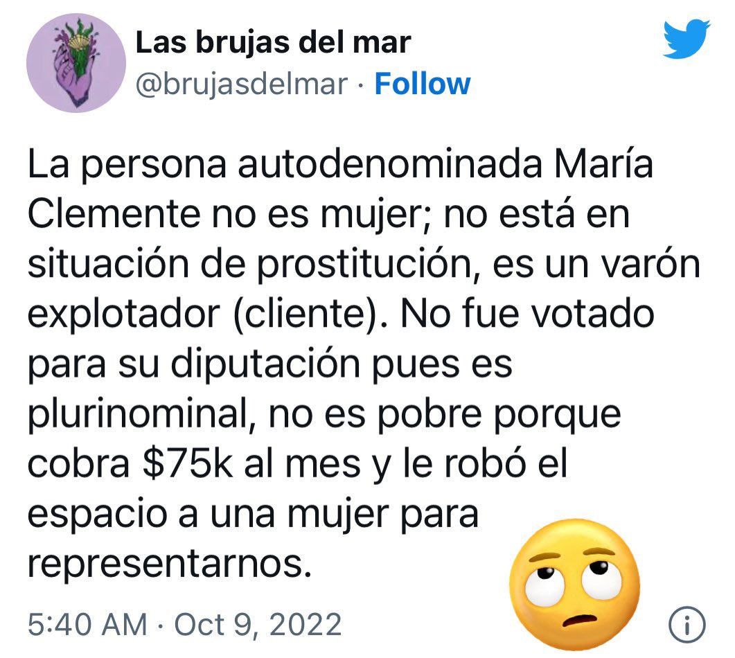 Veamos si la nueva norma de @TwitterMexico @TwitterSeguro funciona de vdd.

Les pido me ayuden a denunciar este tuit (y la cuenta) en el que explícitamente se MALGENERIZA a una mujer trans y se incita al odio al acusarle de “robar espacio a una mujer”.

x.com/brujasdelmar/s…