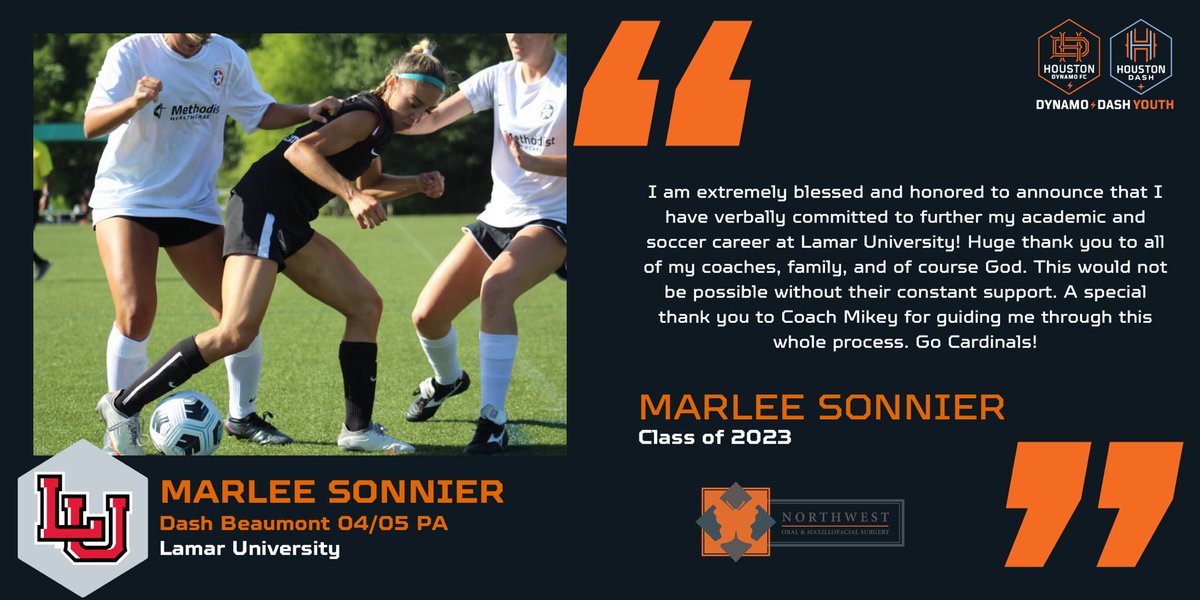 HTXSoccer's tweet photo. 🚨College Commitment! 🚨

@MarleeSonnier from the Houston Dash Beaumont 04/05 PA has committed to @LamarWSoccer! Congrats, Marley! 🧡

#dynamodashyouth #ddycollegecenter #ddycff #collegefitfinder @stxsoccer @NationalLeague @nwomsmarketing https://t.co/2FJhEPss40