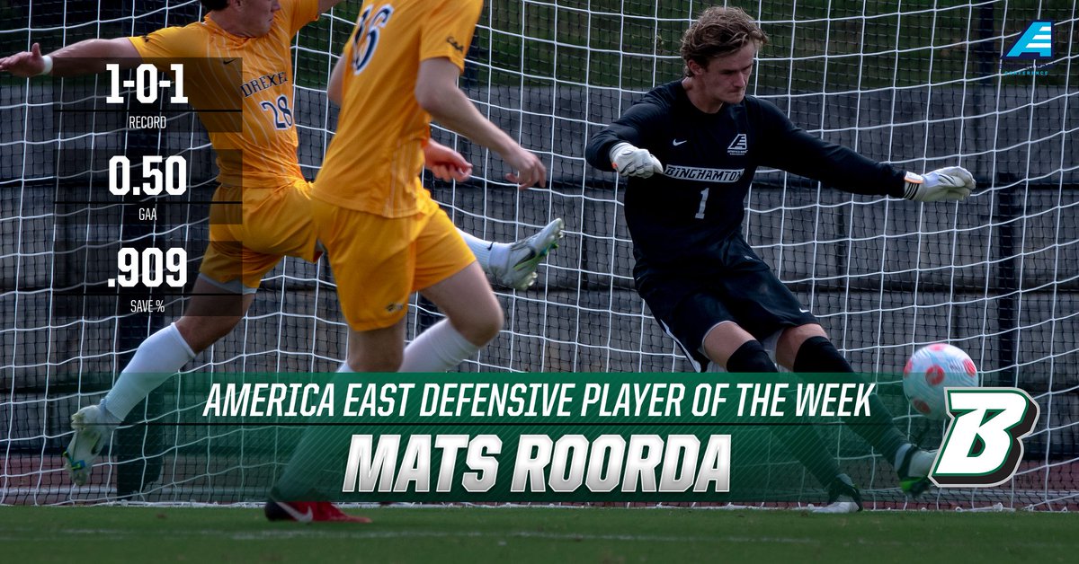 BinghamtonMSOC's tweet photo. BACK-TO-BACK! Mats Roorda repeats as the @AmericaEast Defensive Player of the Week! https://t.co/usWqw33MGF #BingItOn #ClawsOut #AEMSOC https://t.co/pQydRIOkca