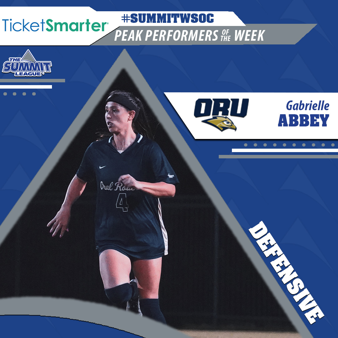 TheSummitLeague's tweet photo. GOLDEN EAGLE PRIDE‼️

This defender led an ORU defense to back-to-back shutouts and collected the @TicketSmarter #SummitWSOC Defensive Peak Performer of the Week 🤩

⚽️ Gabrielle Abbey, Oral Roberts ⚽️

📰 https://t.co/xcp1PEw6I2

#ReachTheSummit https://t.co/1Rz0upFtWM