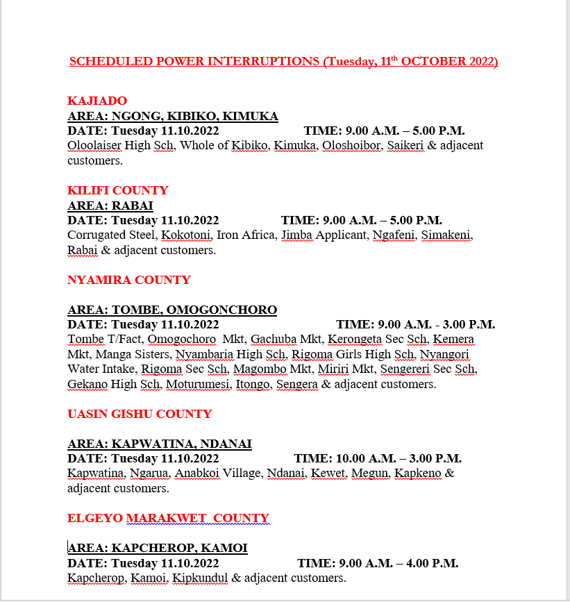 Good evening, kindly find the areas scheduled for maintenance tomorrow 11th October 2022.