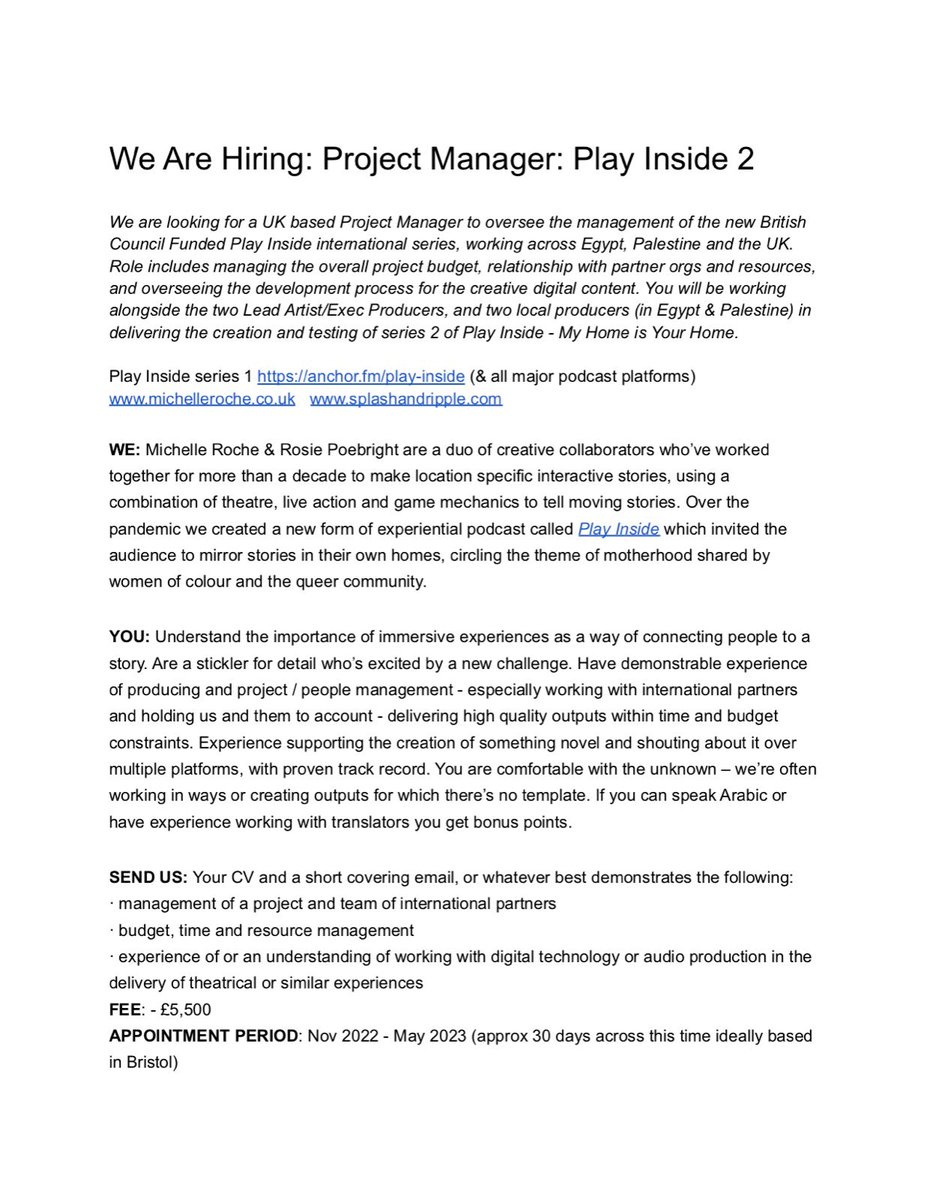 SplashAndRipple's tweet photo. **WE’RE HIRING!**
Looking for a producer for Play Inside series 2, an international collaboration with Michelle Roche &amp; writers in Egypt &amp; Palestine
https://t.co/e6yAONPmym

pls share &amp; repost! https://t.co/LL7rrh1NvP