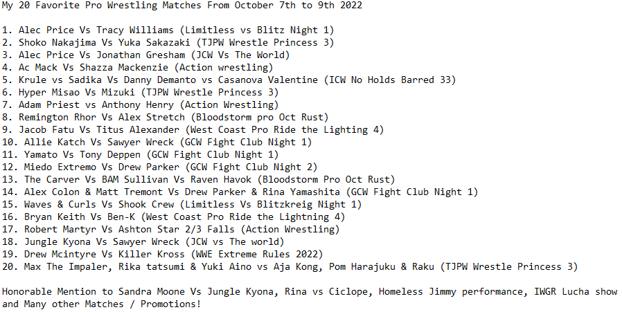 Necroeric's tweet photo. Heres a list for this past weekend #ProWrestling #Wrestling #IWTV #FITE #GCWFightClub #LimitBlitz #TJPW #WrestlePrincess3 #ICWNHB33 #NHB33 #ActionIWTV #WCRide #BspOctober #JCWWorld
What were some of your standouts from October 7th 2022 to October 9th 2022! What Did i miss? https://t.co/vuVKm3DjN3