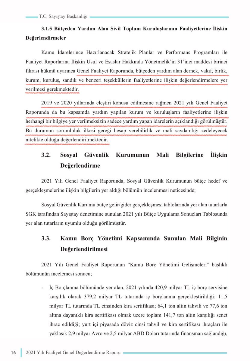 Cumhurbaşkanlığının hangi dernek ve vakıflara hazineden yardım yapıldığını usulsüzce gizlediğini tespit ettik.

Sayıştay: 
‘Bu durum hesap verebilirlik ilkesini ve mali saydamlığı zedeliyor.’

Kaynak: Sayıştay 2021 Faaliyet Genel Değerlendirme Raporu⬇️