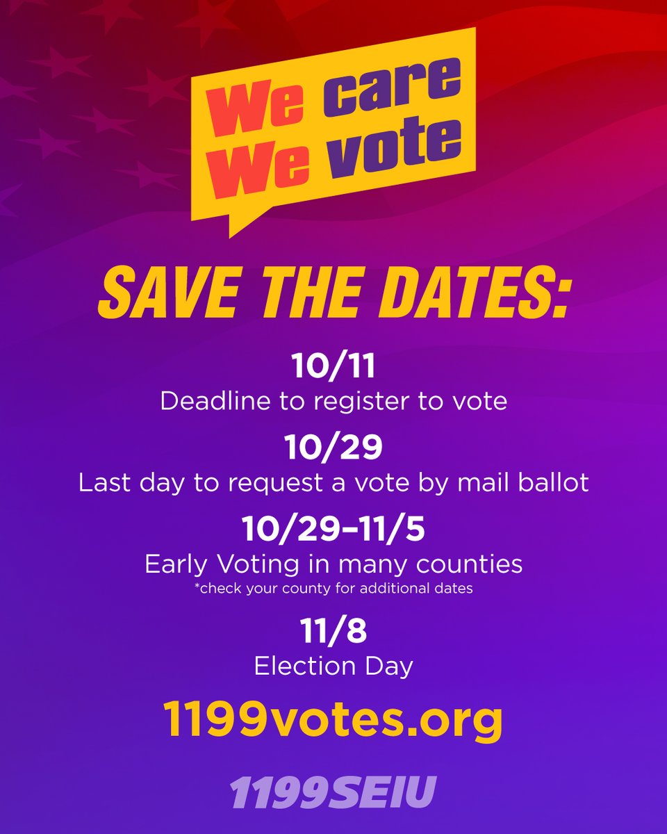 Please keep these mportant dates to keep in mind, especially tomorrow's 10/11 deadline to register to vote. #WeCareWeVote