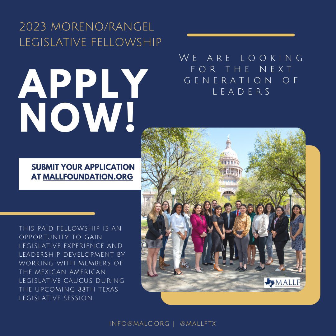 🚨The 2023 Moreno/Rangel Fellowship application is NOW OPEN!

We are seeking MALLF fellows to work with <a href="/MALCTx/">MALC</a> Members during the 88th #txlege. This unique &amp; paid opportunity provides legislative experience &amp; leadership development.

Apply at mallfoundation.org by Nov. 16.